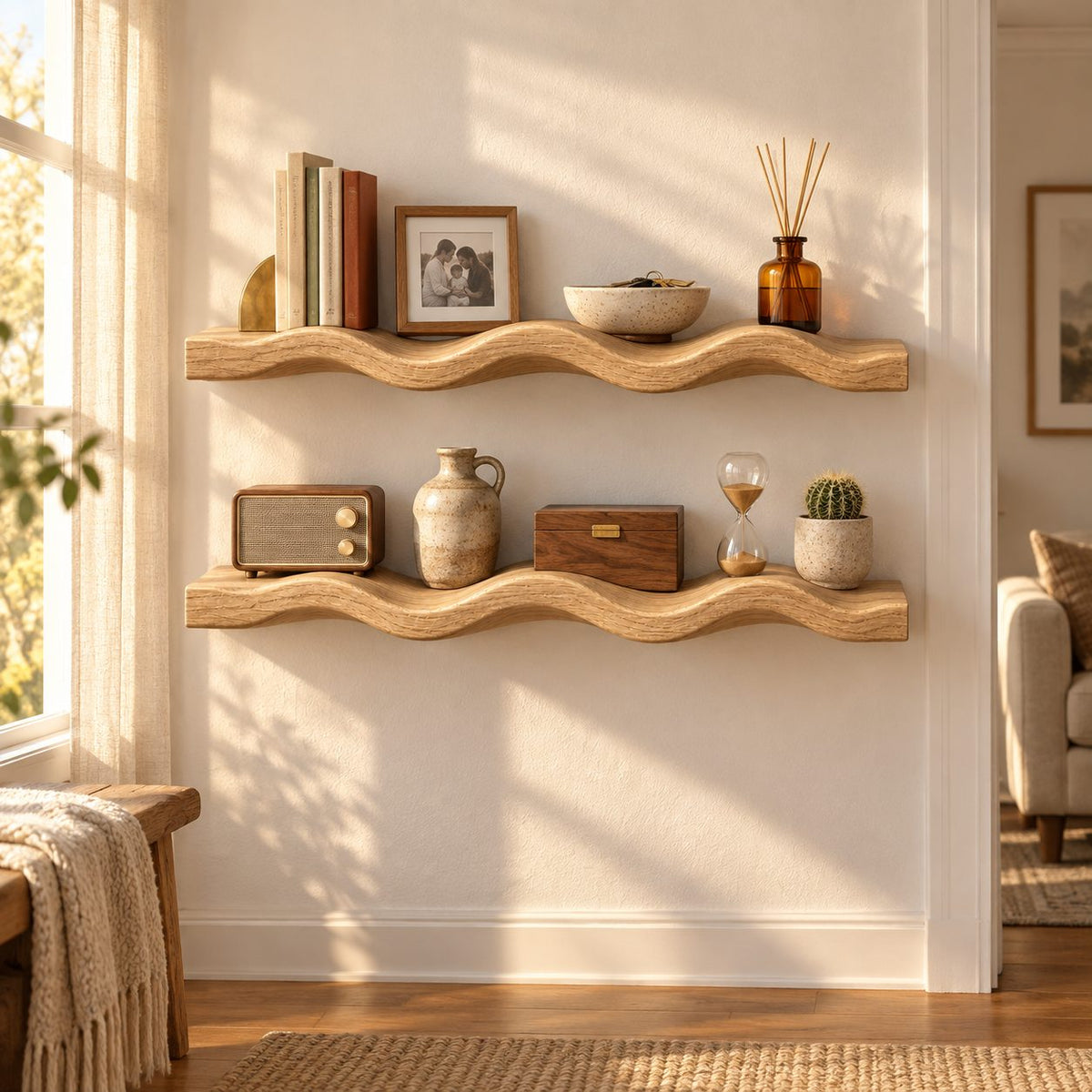 Scalloped-Wave Oak Solid Wood Floating Wall Shelf – Wavy Wood Shelf for Bathroom or Bedroom