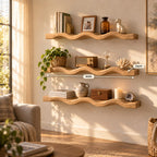 Scalloped-Wave Oak Solid Wood Floating Wall Shelf – Wavy Wood Shelf for Bathroom or Bedroom