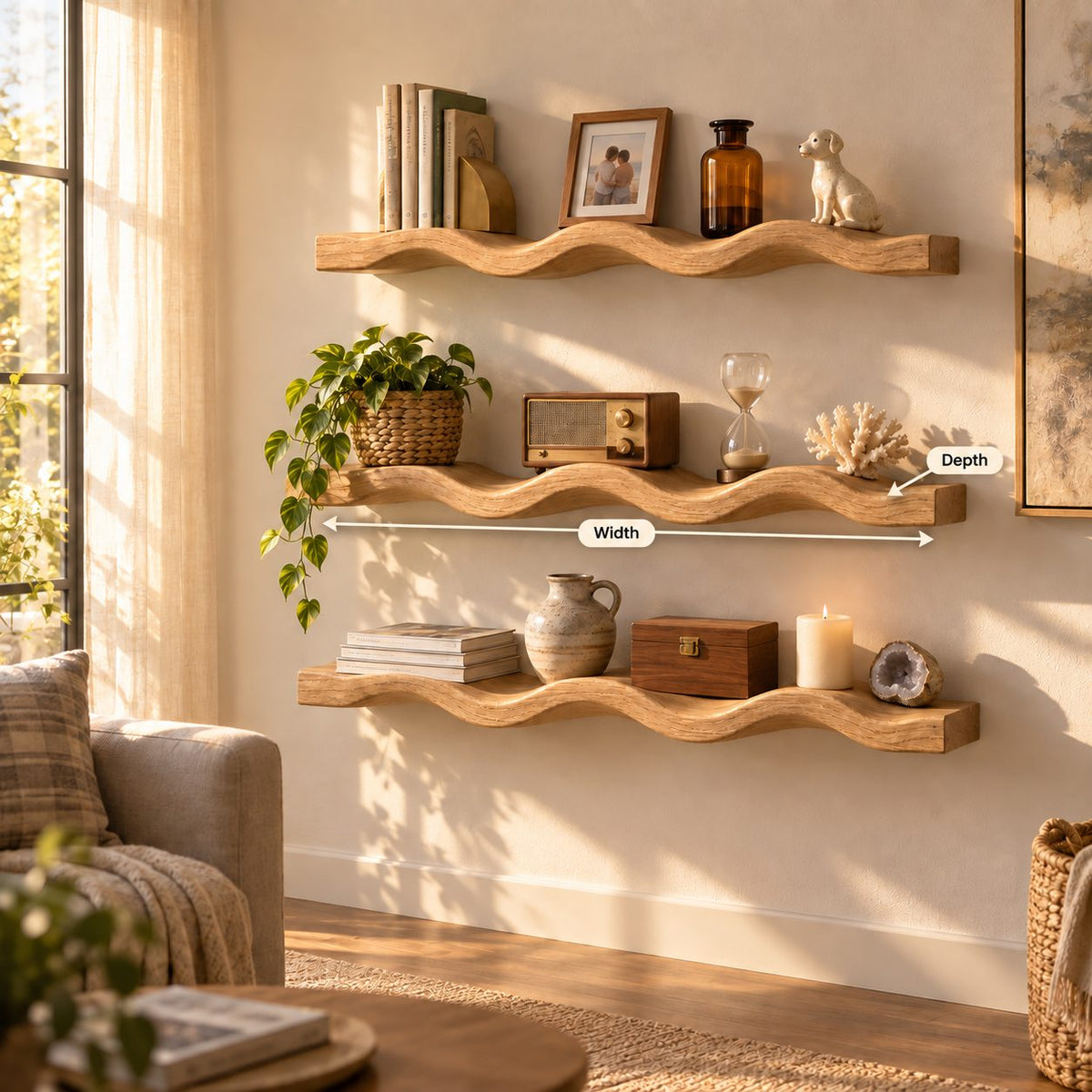 Scalloped-Wave Oak Solid Wood Floating Wall Shelf – Wavy Wood Shelf for Bathroom or Bedroom
