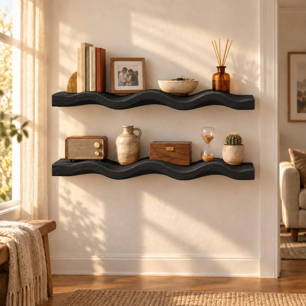 Scalloped-Wave Oak Solid Wood Floating Wall Shelf – Wavy Wood Shelf for Bathroom or Bedroom