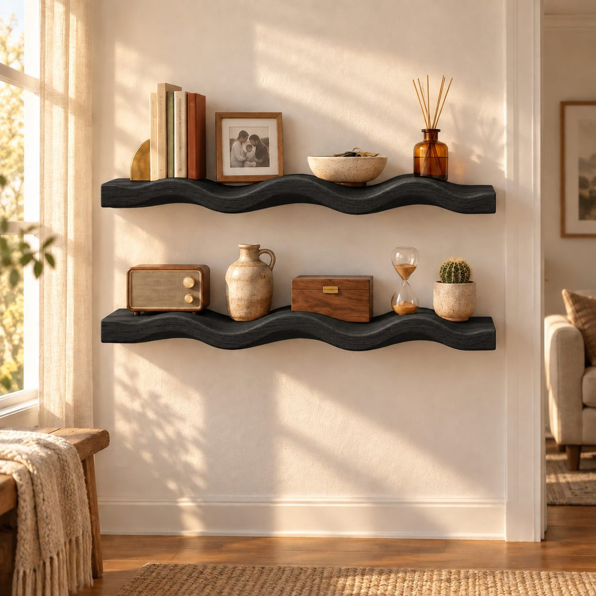 Scalloped-Wave Oak Solid Wood Floating Wall Shelf – Wavy Wood Shelf for Bathroom or Bedroom