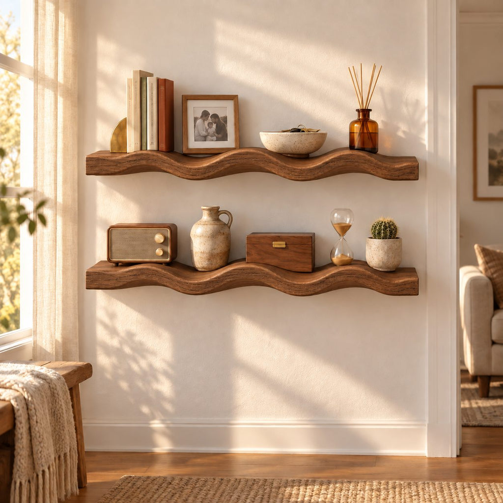 Scalloped-Wave Oak Solid Wood Floating Wall Shelf – Wavy Wood Shelf for Bathroom or Bedroom