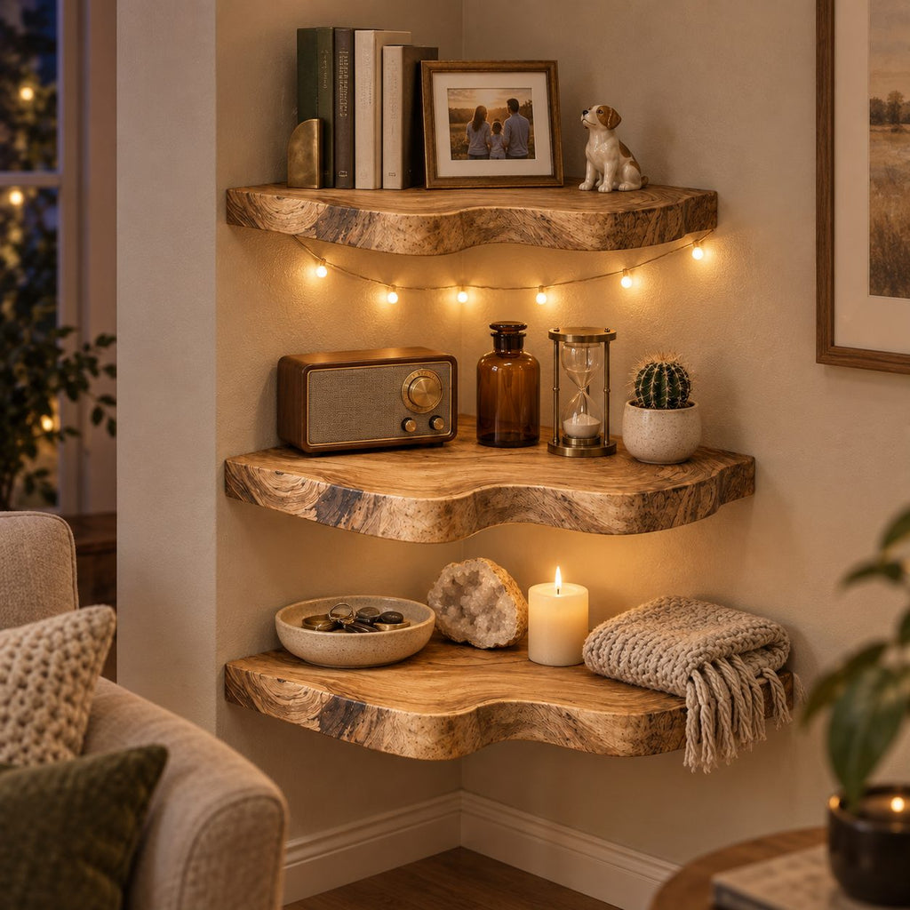 Live-Edge Floating Corner Shelf, Solid Wood Wall Mounted Corner Shelves for Living Room, Bedroom & Bath