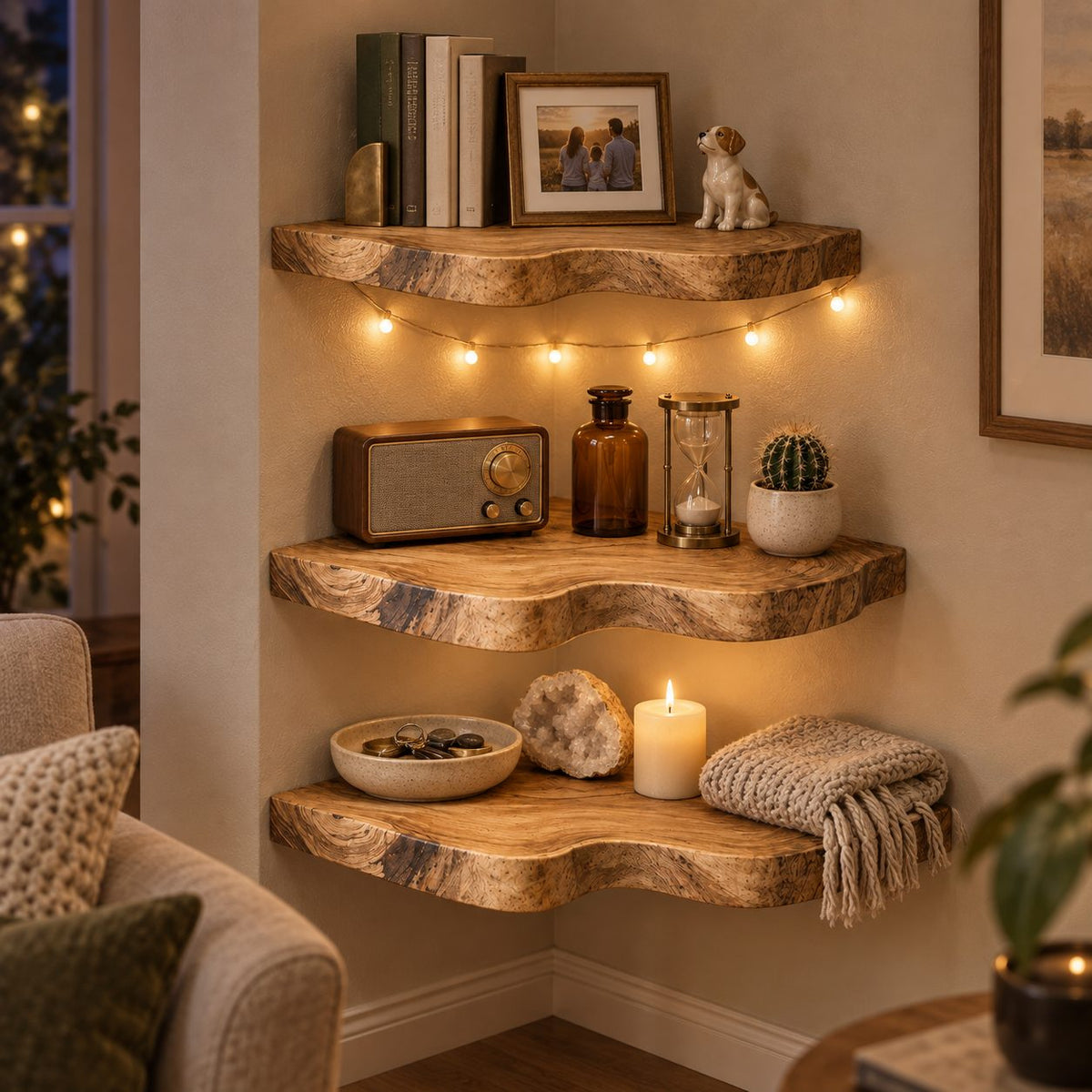 Live-Edge Floating Corner Shelf, Solid Wood Wall Mounted Corner Shelves for Living Room, Bedroom & Bath