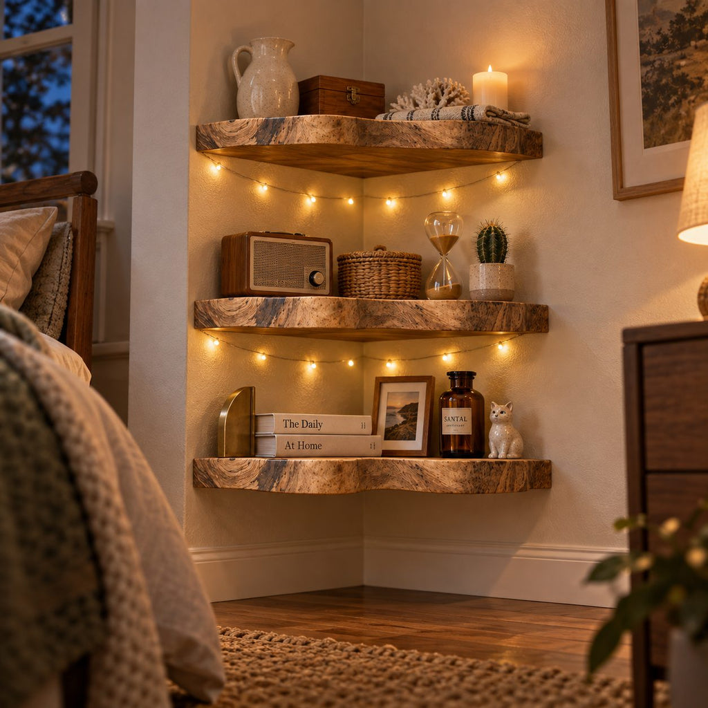 Live-Edge Floating Corner Shelf, Solid Wood Wall Mounted Corner Shelves for Living Room, Bedroom & Bath