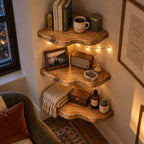 Live-Edge Floating Corner Shelf, Solid Wood Wall Mounted Corner Shelves for Living Room, Bedroom & Bath