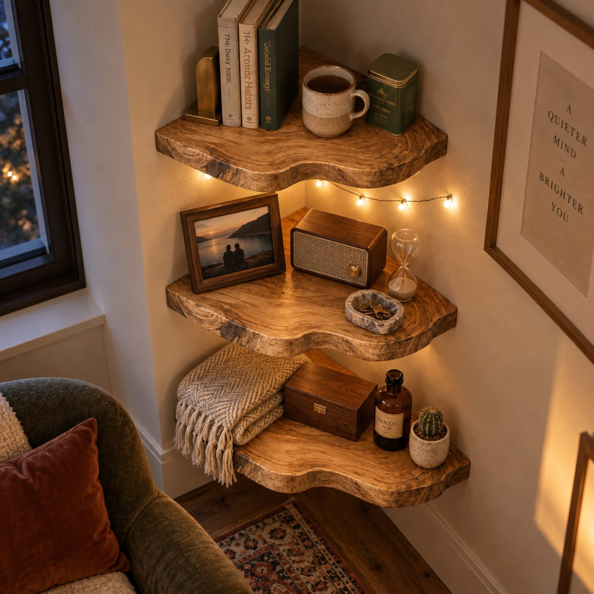 Live-Edge Floating Corner Shelf, Solid Wood Wall Mounted Corner Shelves for Living Room, Bedroom & Bath