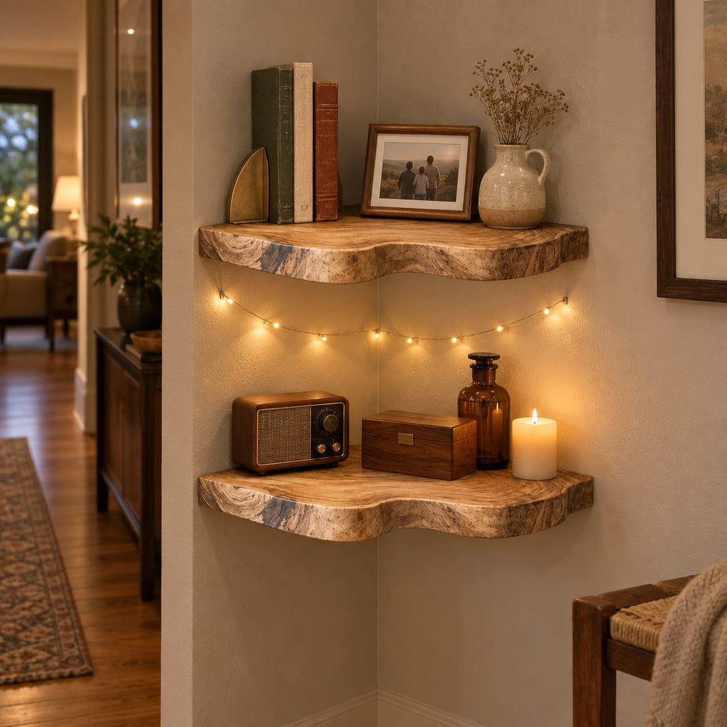 Live-Edge Floating Corner Shelf, Solid Wood Wall Mounted Corner Shelves for Living Room, Bedroom & Bath