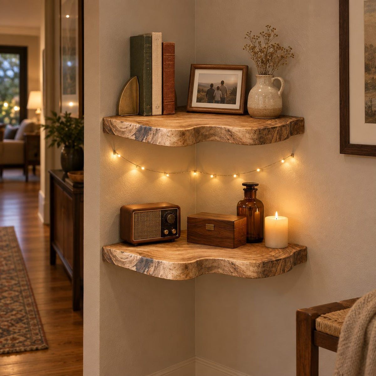 Live-Edge Floating Corner Shelf, Solid Wood Wall Mounted Corner Shelves for Living Room, Bedroom & Bath