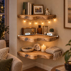 Live-Edge Floating Corner Shelf, Solid Wood Wall Mounted Corner Shelves for Living Room, Bedroom & Bath