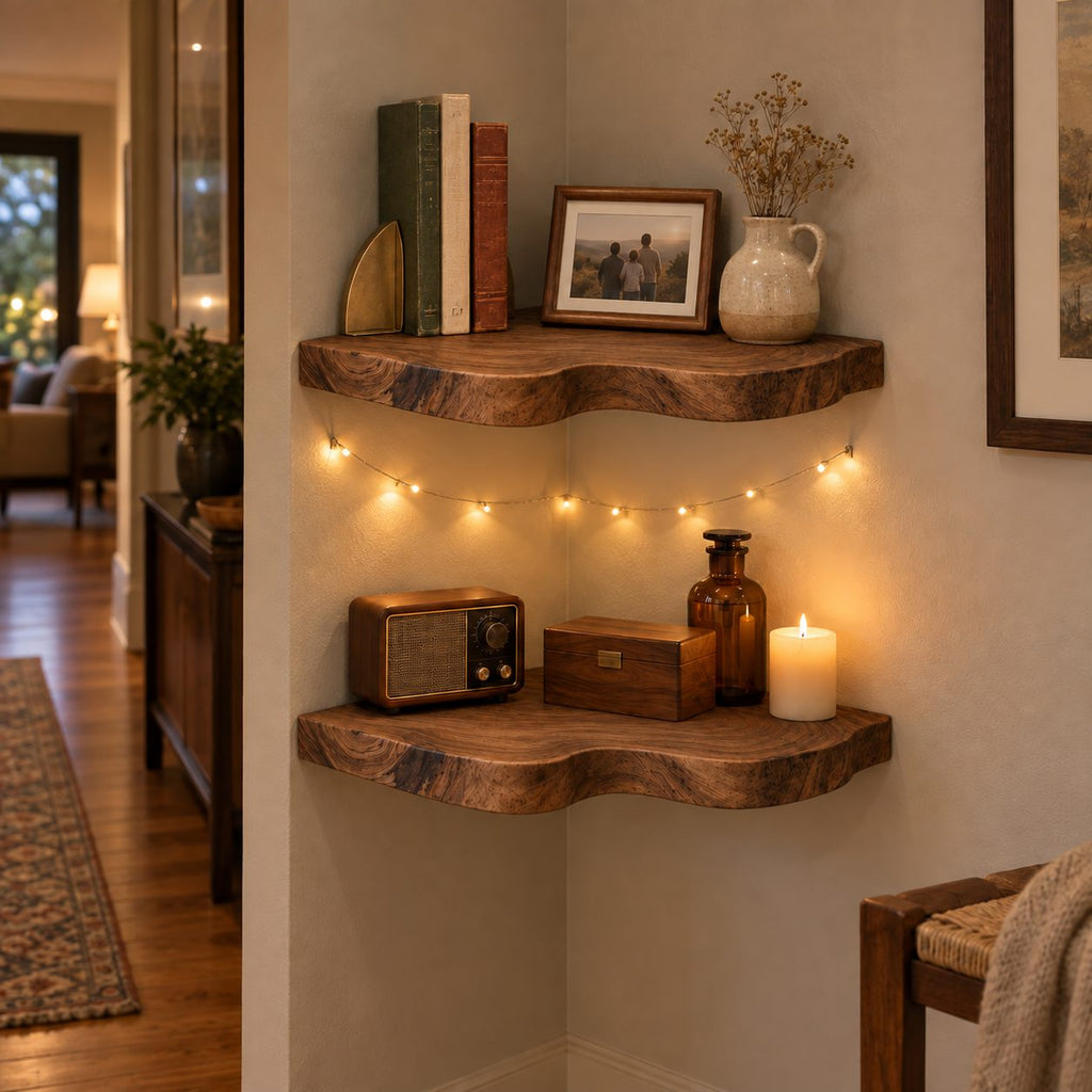 Live-Edge Floating Corner Shelf, Solid Wood Wall Mounted Corner Shelves for Living Room, Bedroom & Bath