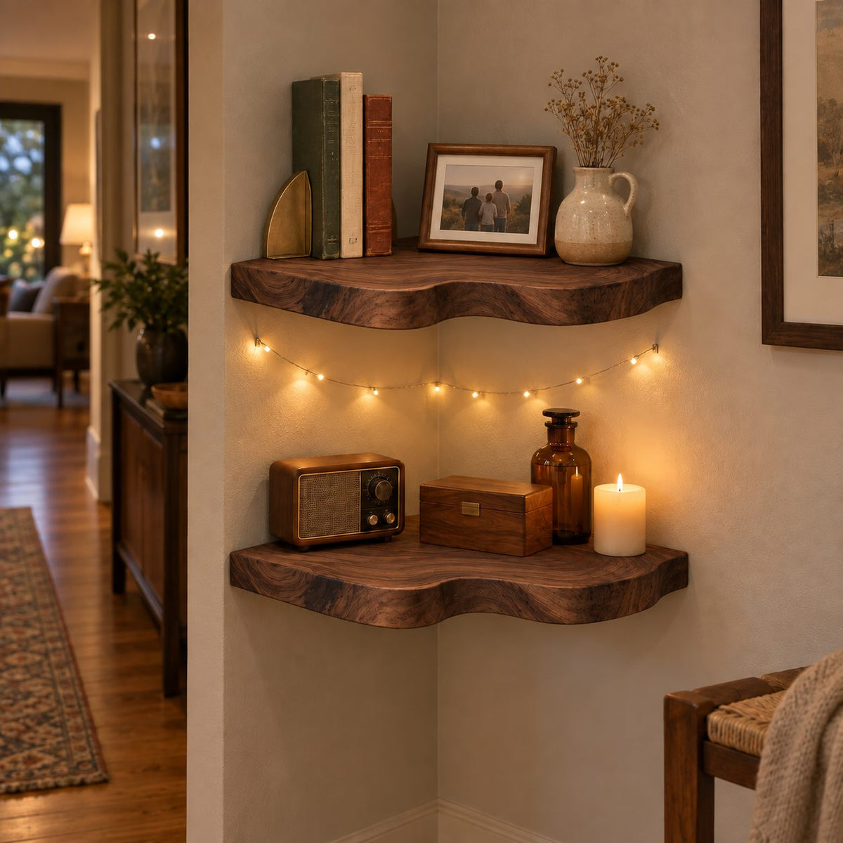 Live-Edge Floating Corner Shelf, Solid Wood Wall Mounted Corner Shelves for Living Room, Bedroom & Bath