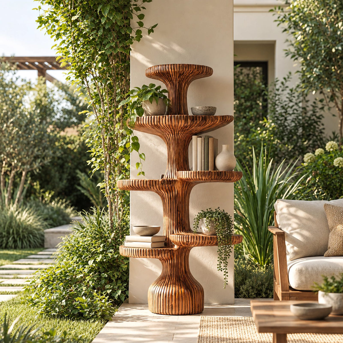 Sculptural Fluted Tree Bookshelf With Tiered Round Shelves For Living Room