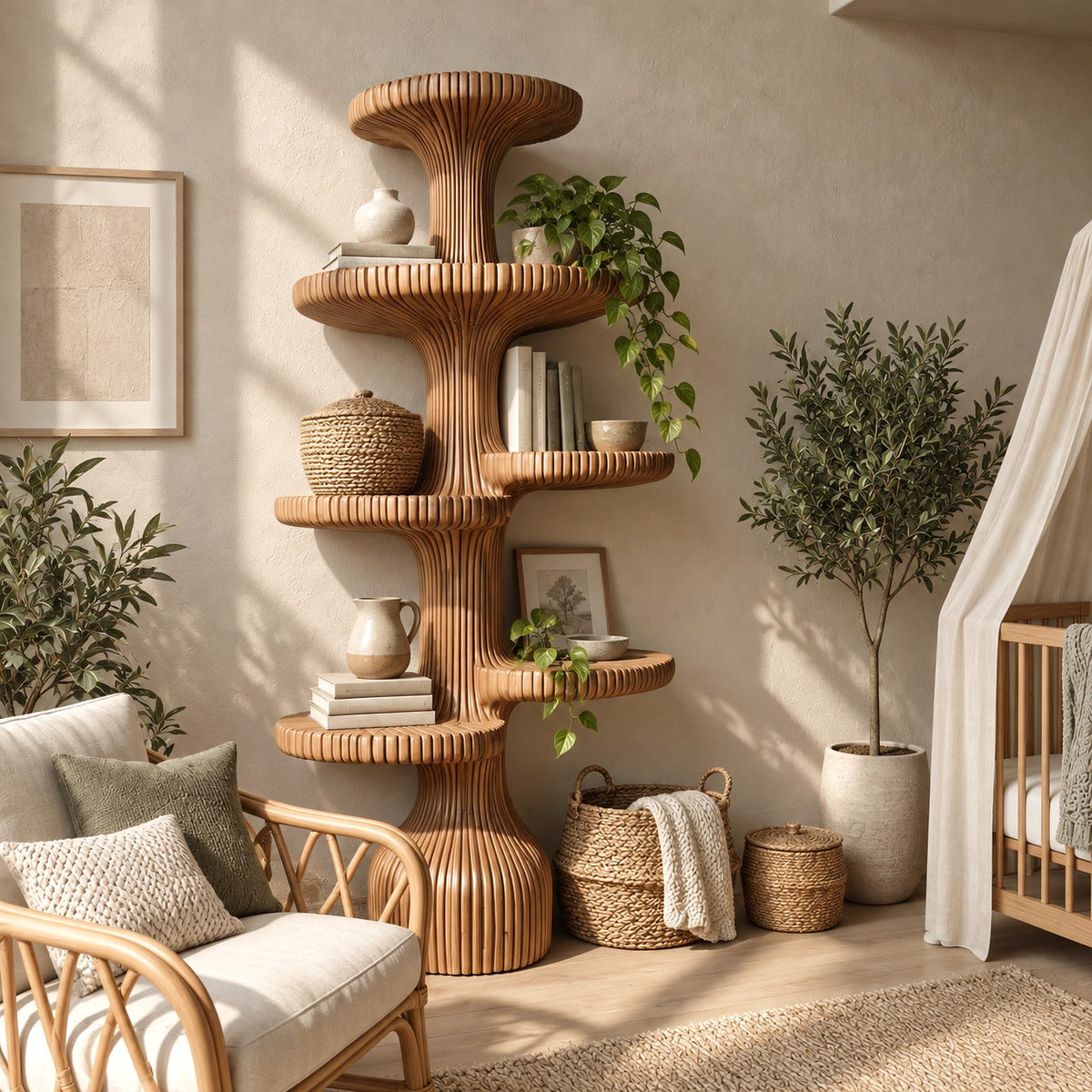 Sculptural Fluted Tree Bookshelf With Tiered Round Shelves For Living Room