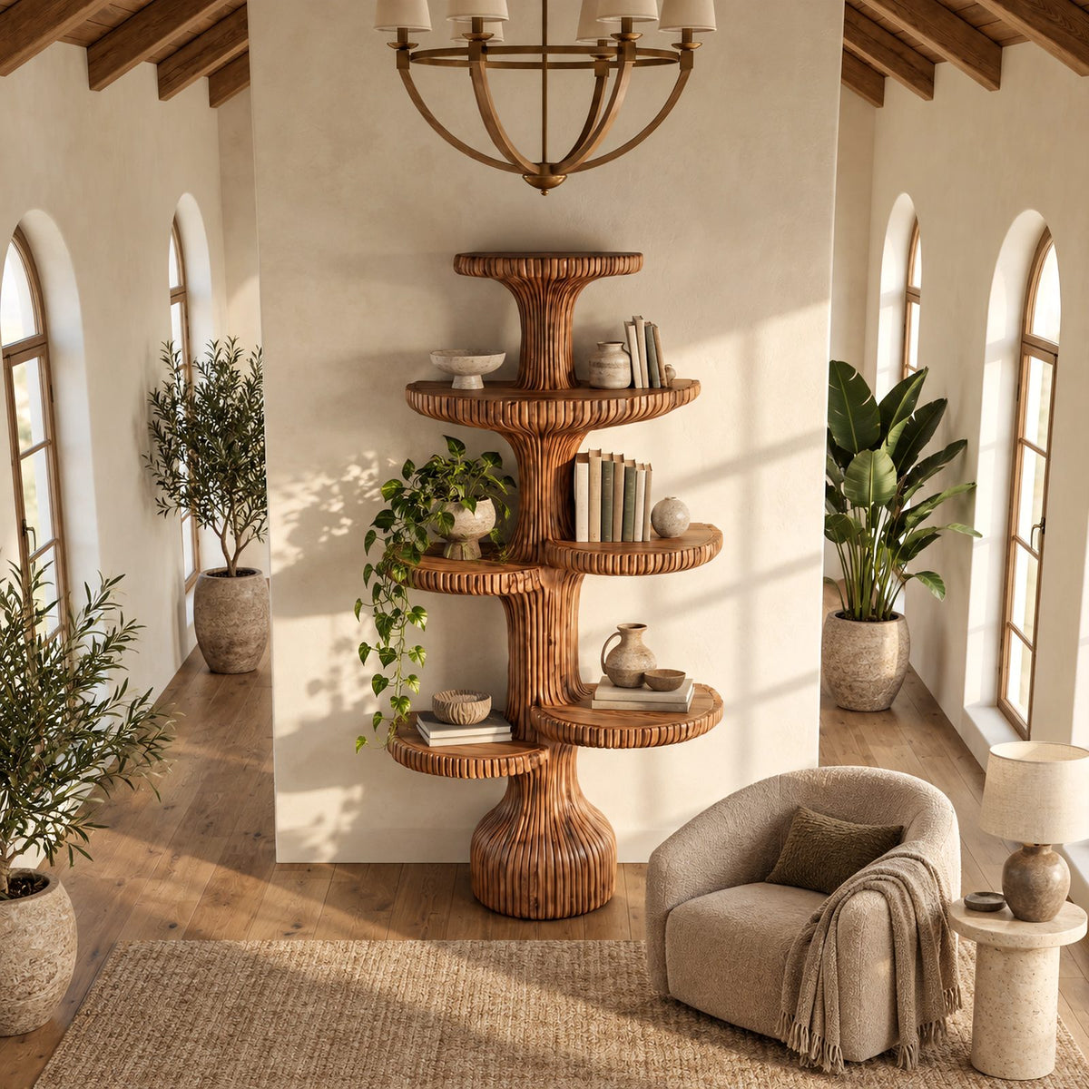 Sculptural Fluted Tree Bookshelf With Tiered Round Shelves For Living Room