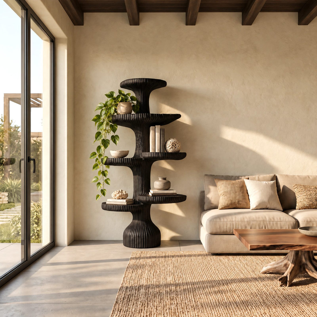 Sculptural Fluted Tree Bookshelf With Tiered Round Shelves For Living Room