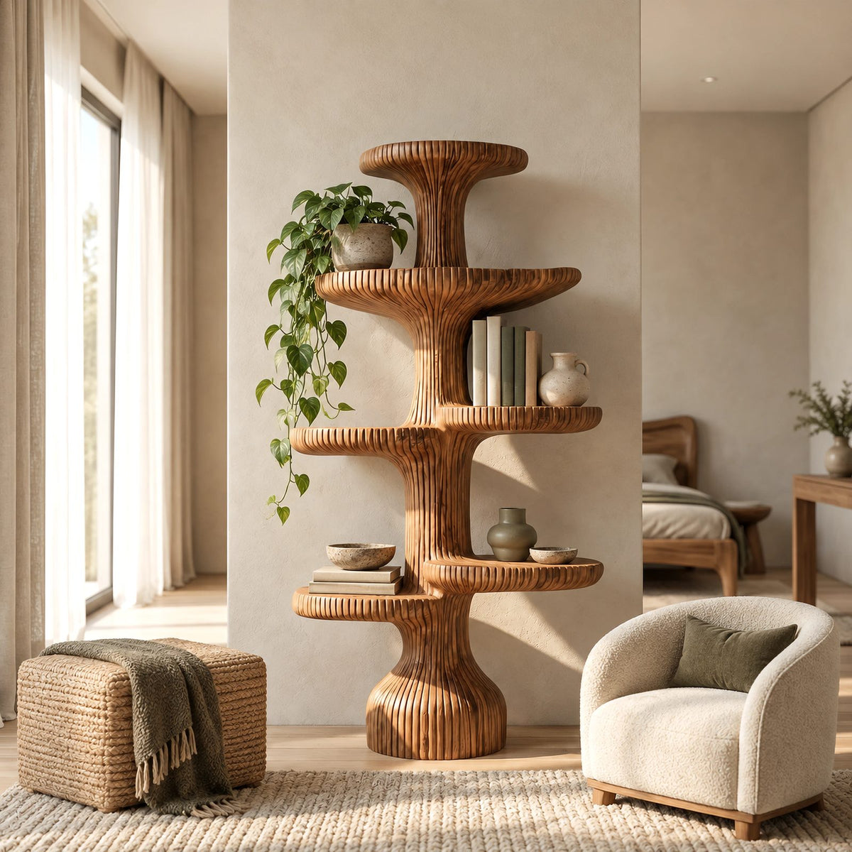 Sculptural Fluted Tree Bookshelf With Tiered Round Shelves For Living Room
