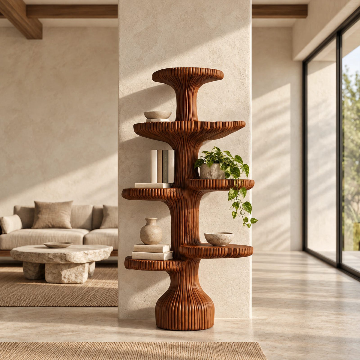 Sculptural Fluted Tree Bookshelf With Tiered Round Shelves For Living Room