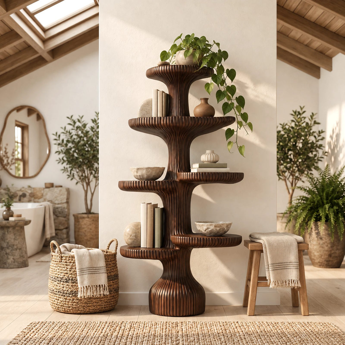 Sculptural Fluted Tree Bookshelf With Tiered Round Shelves For Living Room