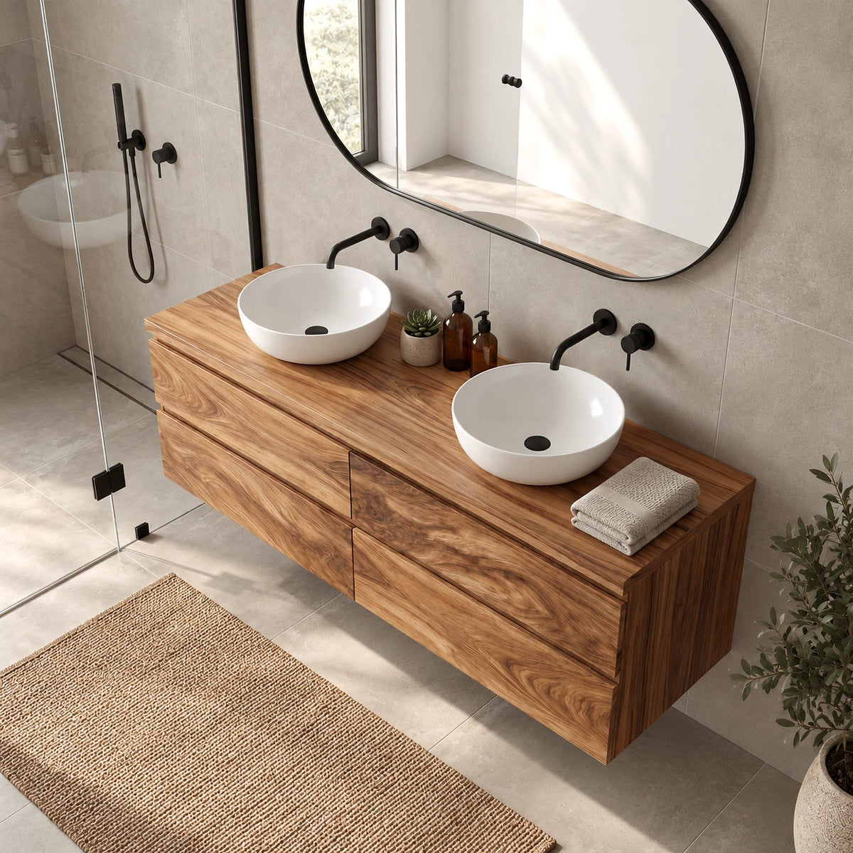 Modern Solid Wood Floating Bathroom Vanity With 4 Drawers