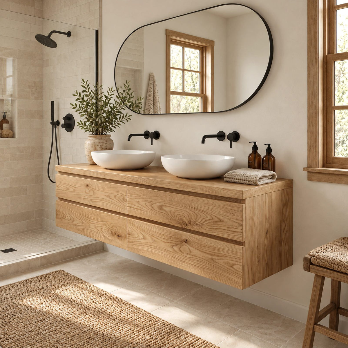 Modern Solid Wood Floating Bathroom Vanity With 4 Drawers