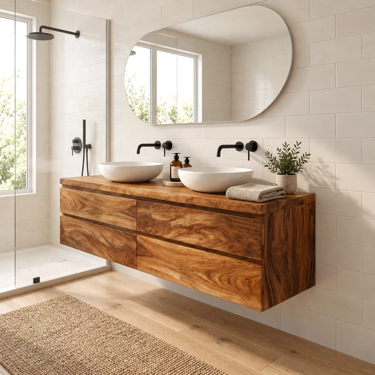Modern Solid Wood Floating Bathroom Vanity With 4 Drawers