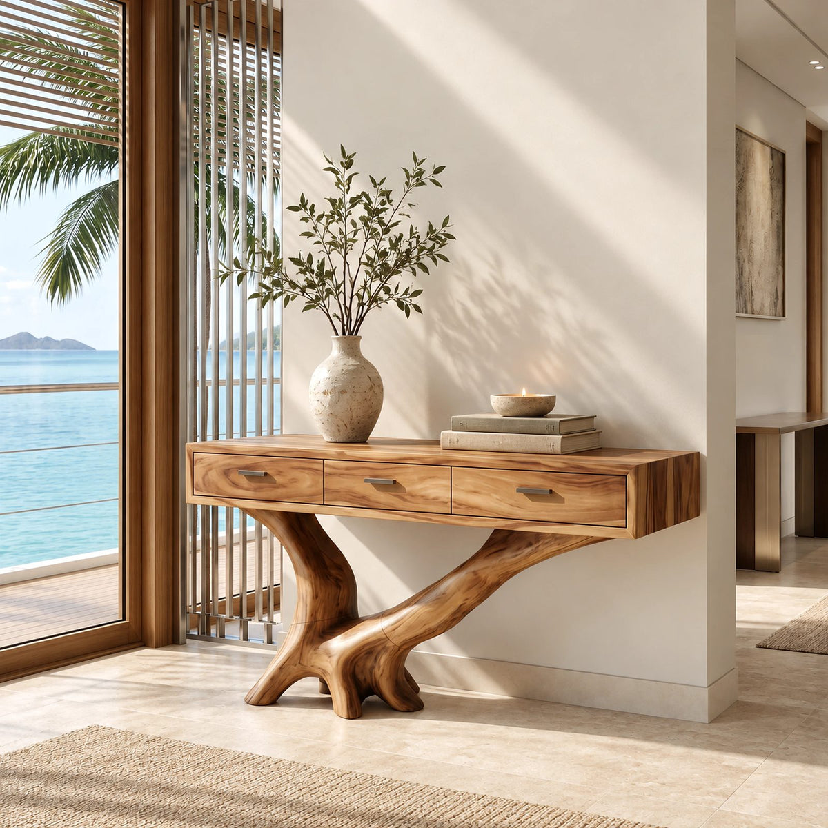 Organic Live Edge Console Table With 3 Drawers For Entryway And Hallway
