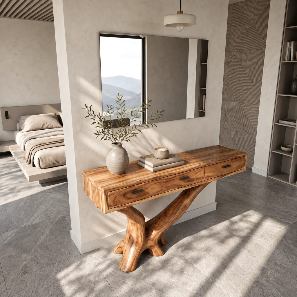 Organic Live Edge Console Table With 3 Drawers For Entryway And Hallway