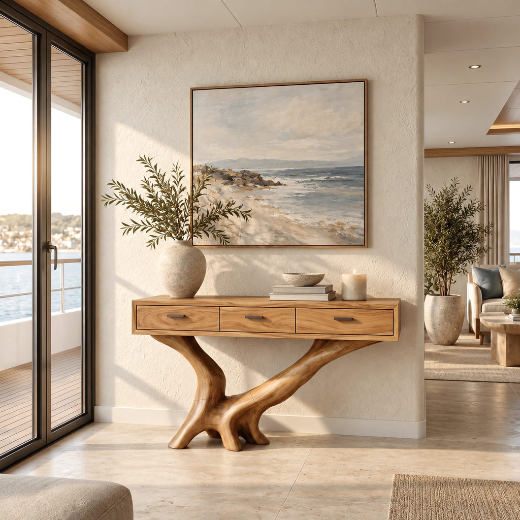 Organic Live Edge Console Table With 3 Drawers For Entryway And Hallway