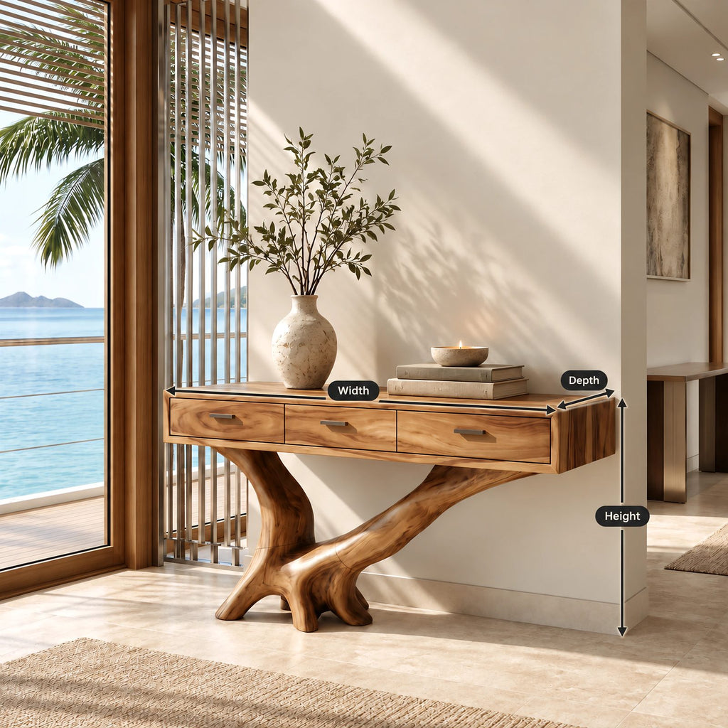 Organic Live Edge Console Table With 3 Drawers For Entryway And Hallway