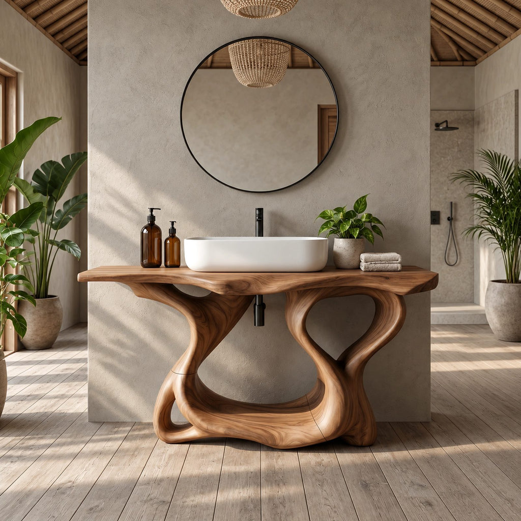 Handcrafted Sculptural Wooden Bathroom Vanity With Open Lower Shelf