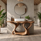 Handcrafted Sculptural Wooden Bathroom Vanity With Open Lower Shelf