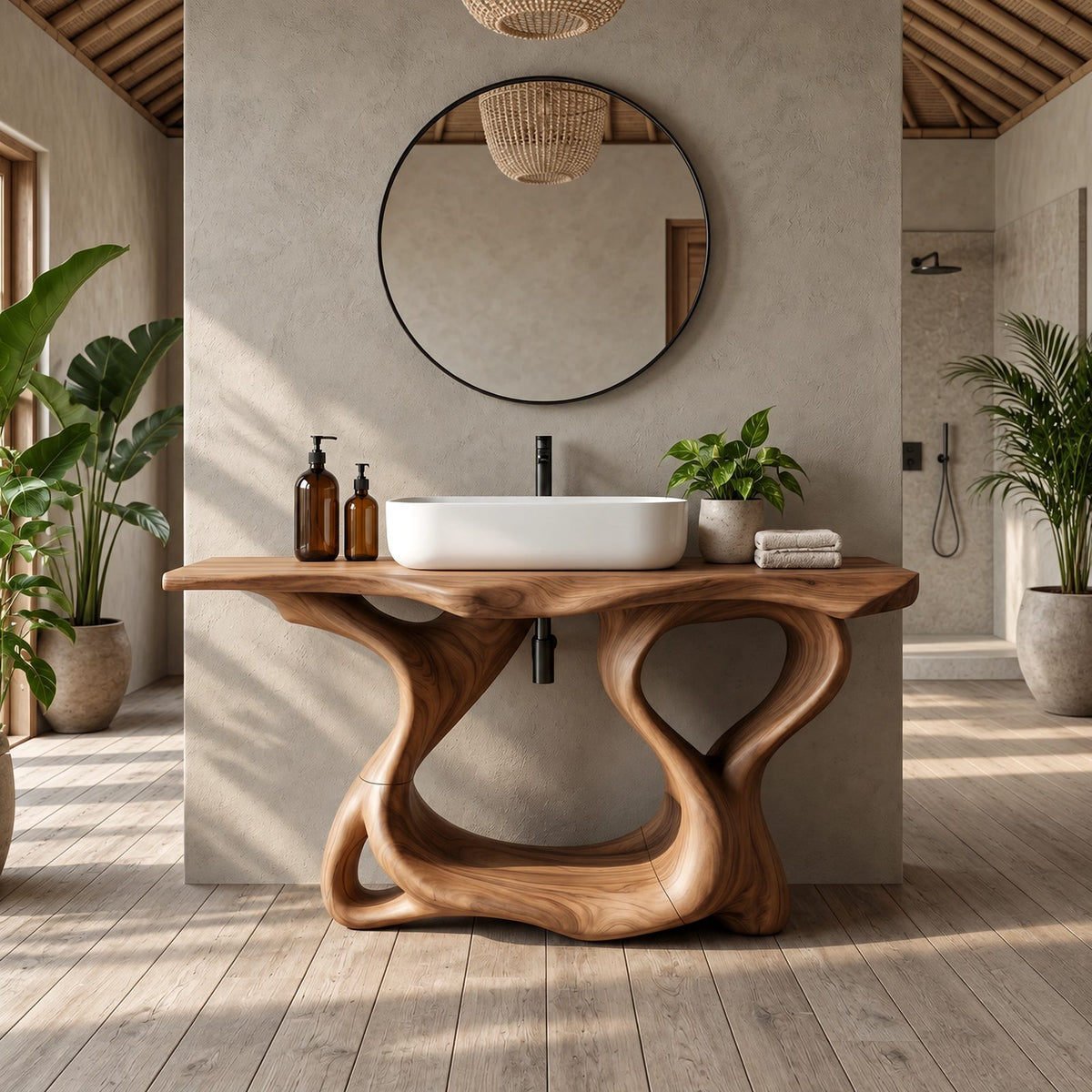 Handcrafted Sculptural Wooden Bathroom Vanity With Open Lower Shelf