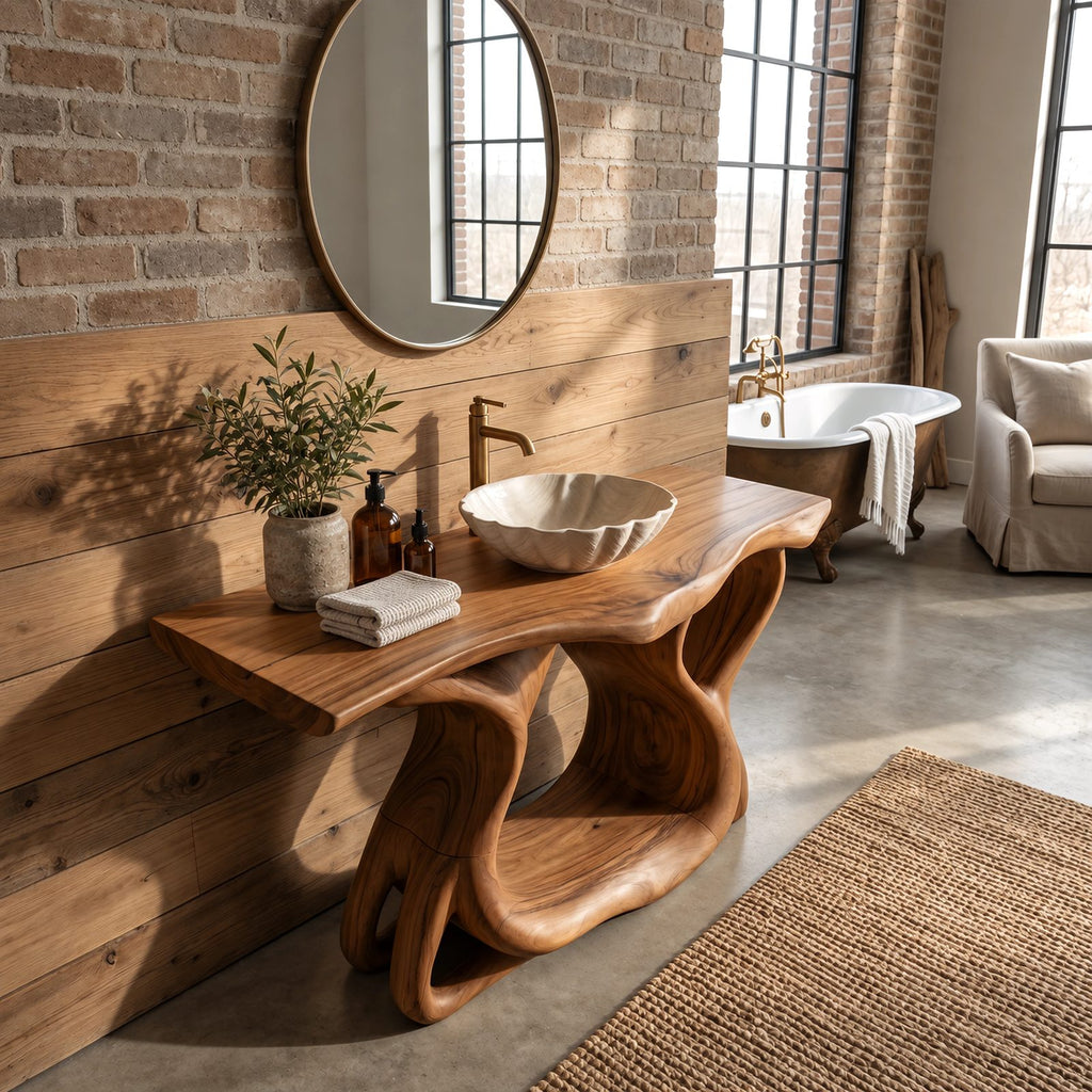Handcrafted Sculptural Wooden Bathroom Vanity With Open Lower Shelf