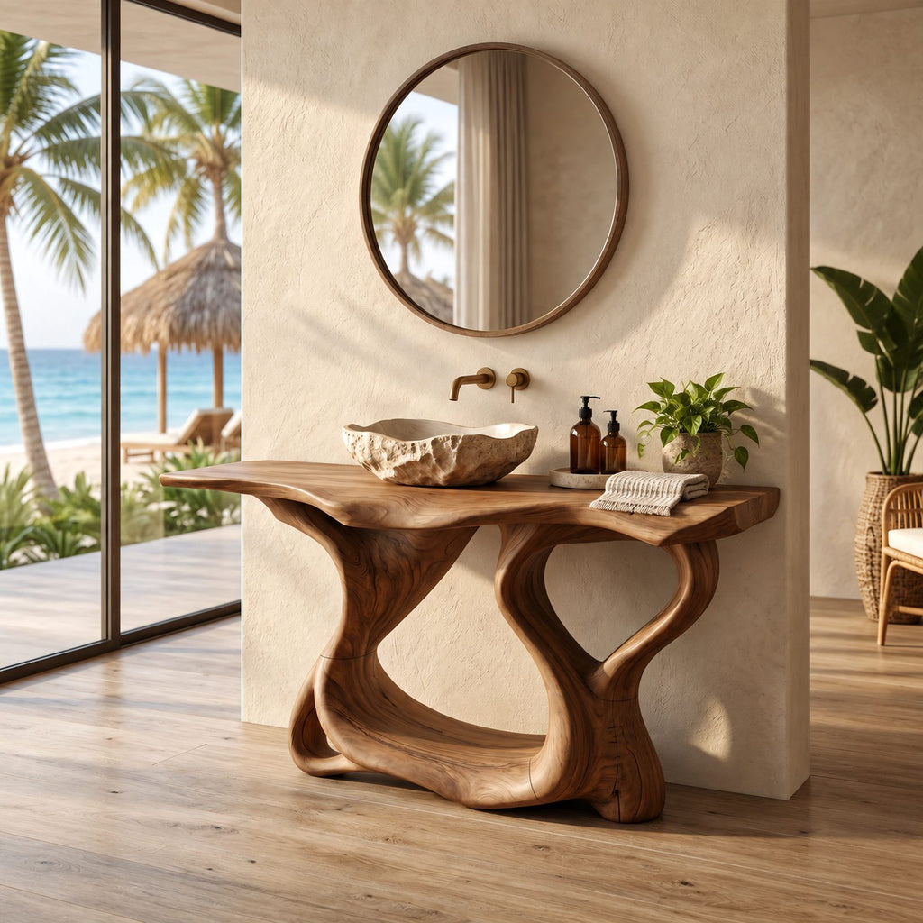 Handcrafted Sculptural Wooden Bathroom Vanity With Open Lower Shelf