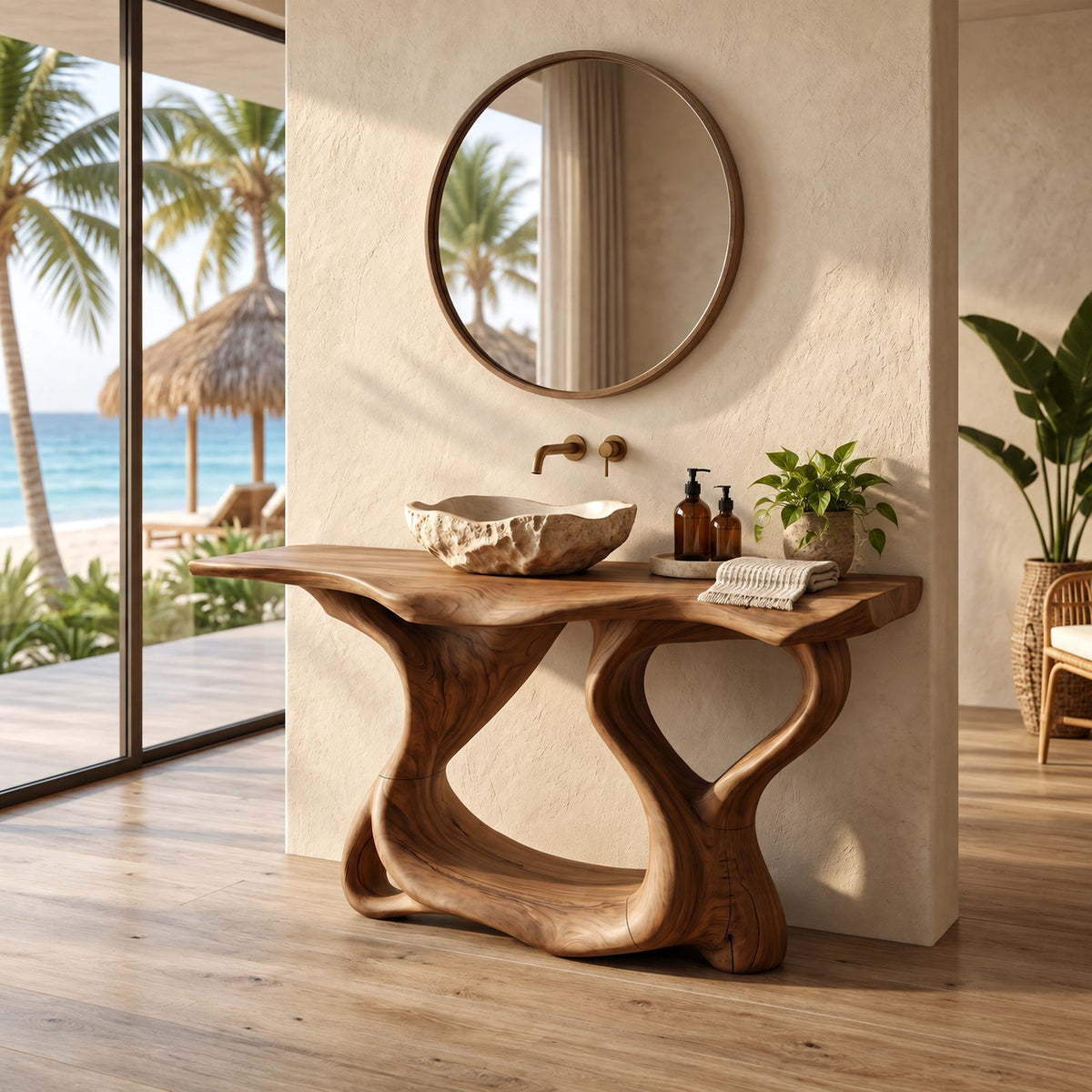 Handcrafted Sculptural Wooden Bathroom Vanity With Open Lower Shelf