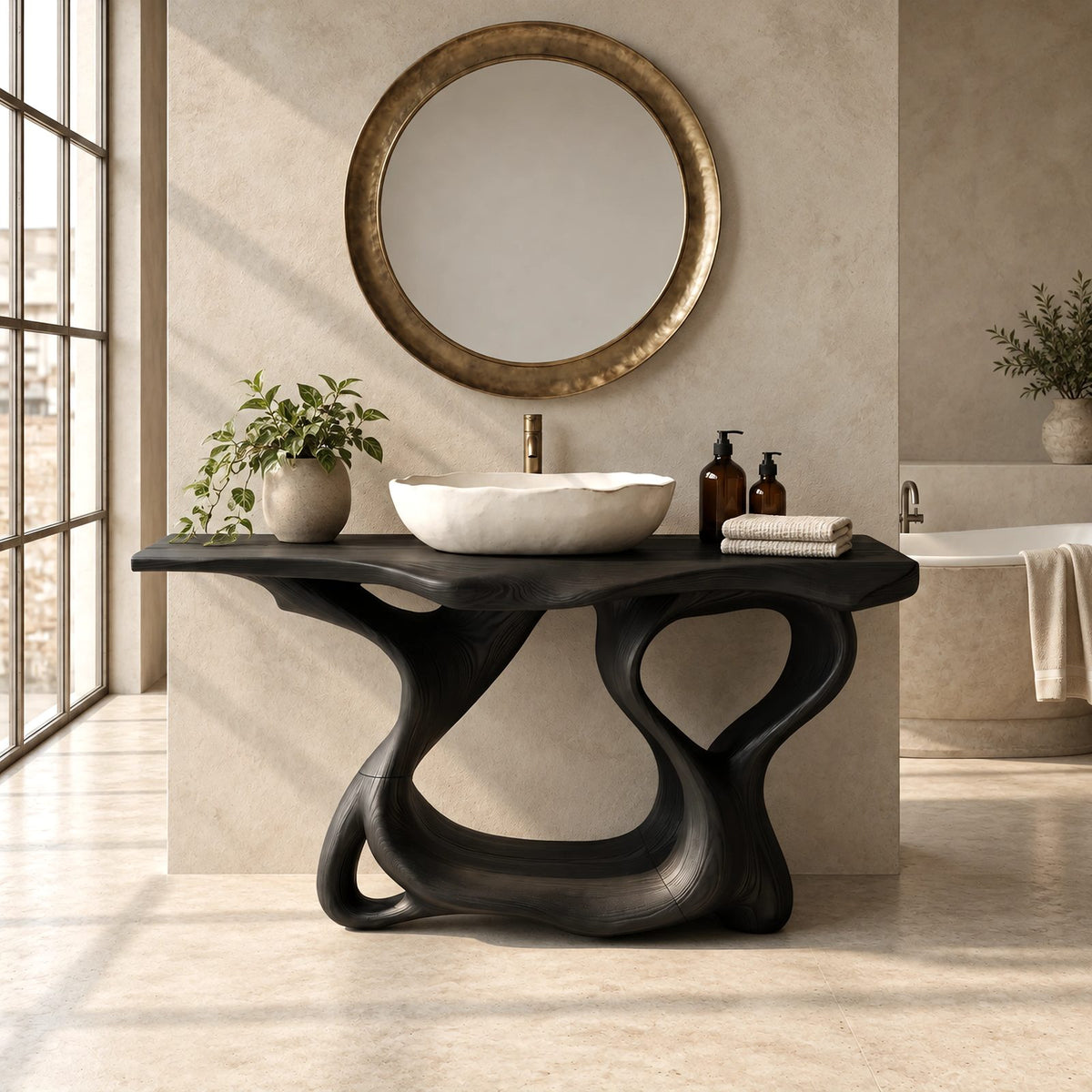 Handcrafted Sculptural Wooden Bathroom Vanity With Open Lower Shelf