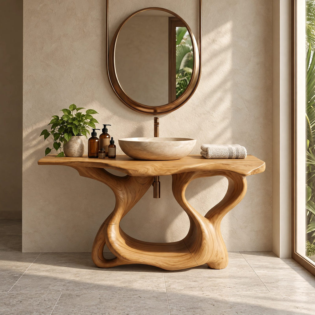 Handcrafted Sculptural Wooden Bathroom Vanity With Open Lower Shelf