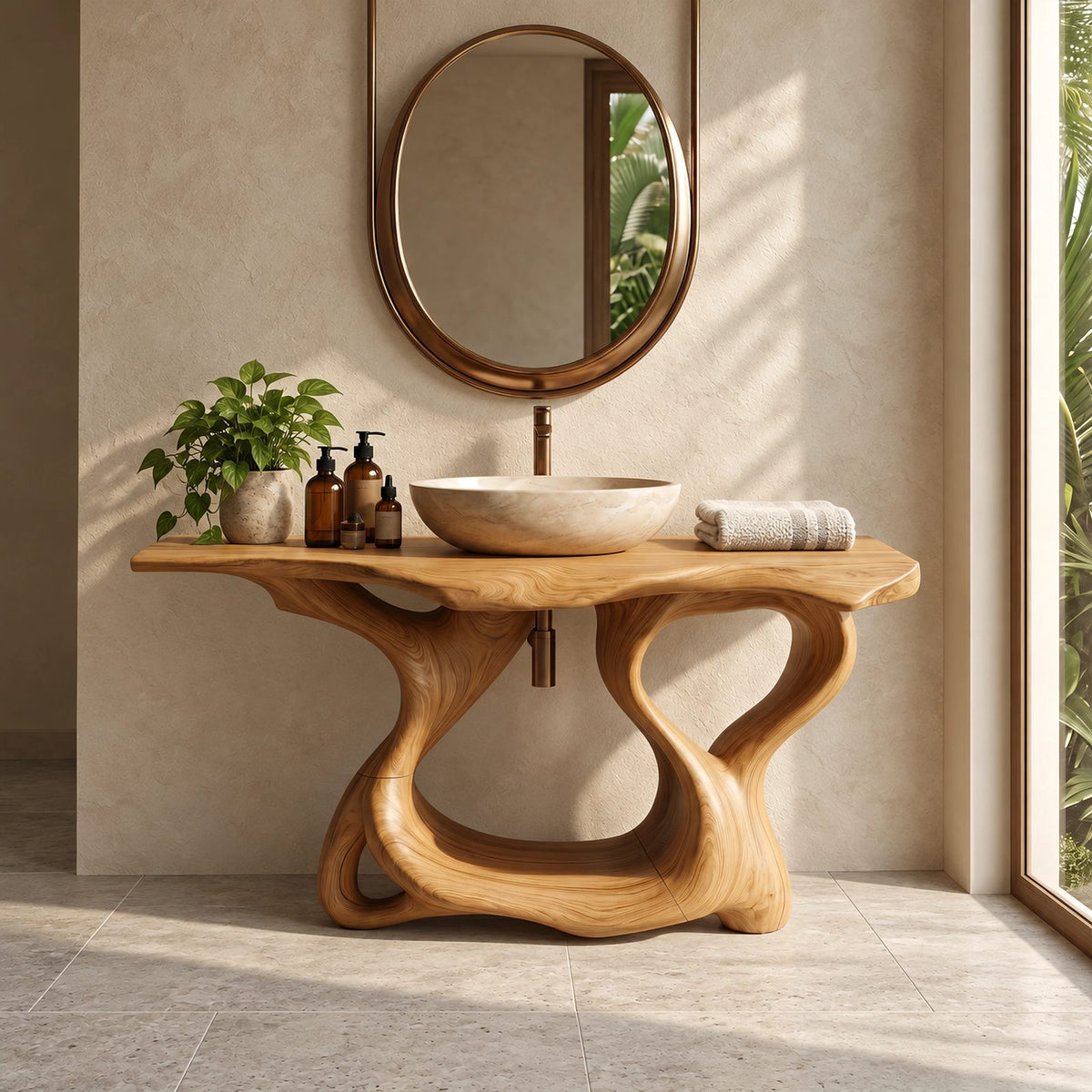 Handcrafted Sculptural Wooden Bathroom Vanity With Open Lower Shelf