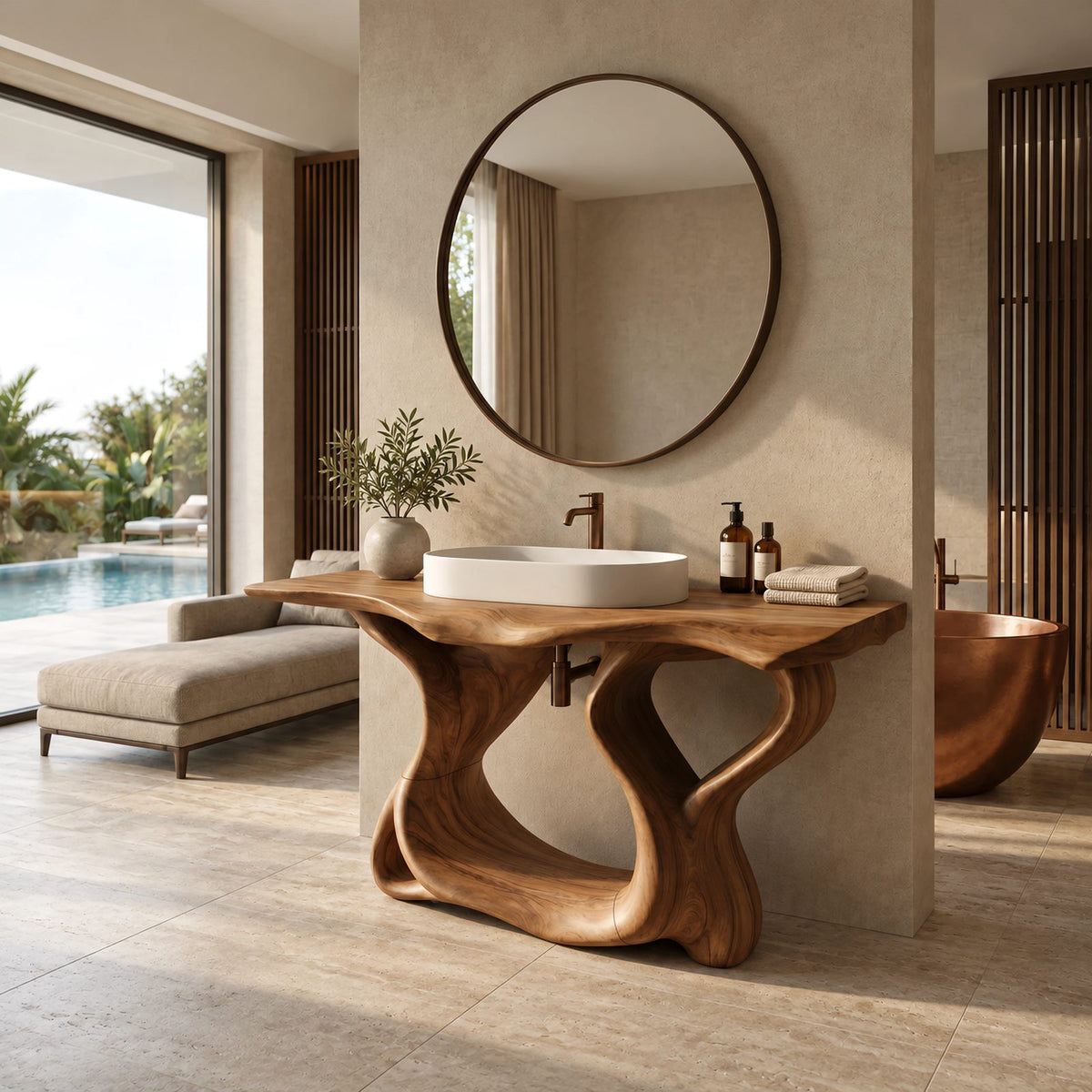Handcrafted Sculptural Wooden Bathroom Vanity With Open Lower Shelf