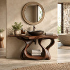 Handcrafted Sculptural Wooden Bathroom Vanity With Open Lower Shelf