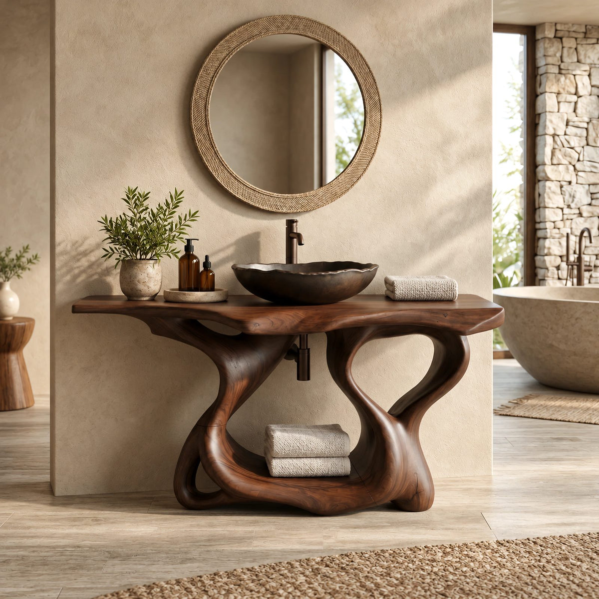 Handcrafted Sculptural Wooden Bathroom Vanity With Open Lower Shelf