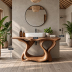 Handcrafted Sculptural Wooden Bathroom Vanity With Open Lower Shelf