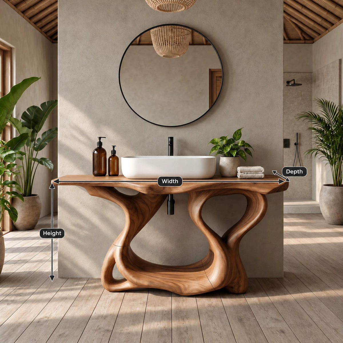 Handcrafted Sculptural Wooden Bathroom Vanity With Open Lower Shelf