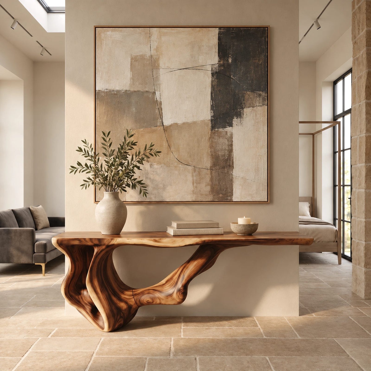 Modern Live Edge Console Table With Sculpted Root Base For Entryway