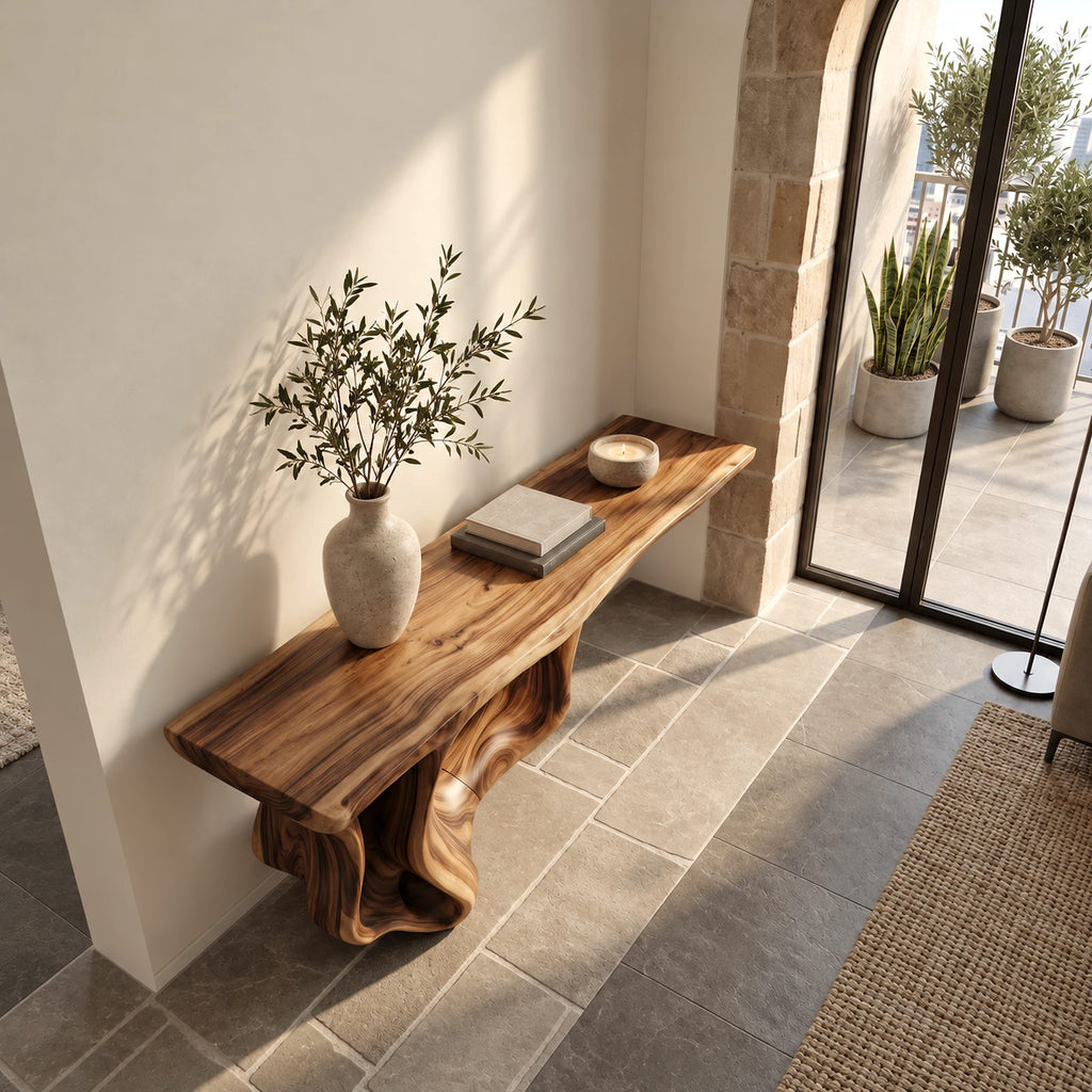 Modern Live Edge Console Table With Sculpted Root Base For Entryway
