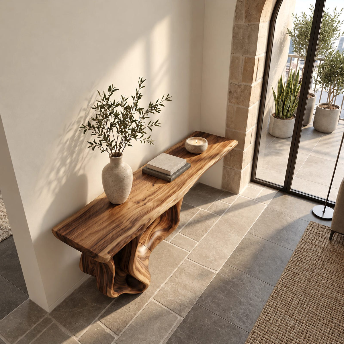Modern Live Edge Console Table With Sculpted Root Base For Entryway