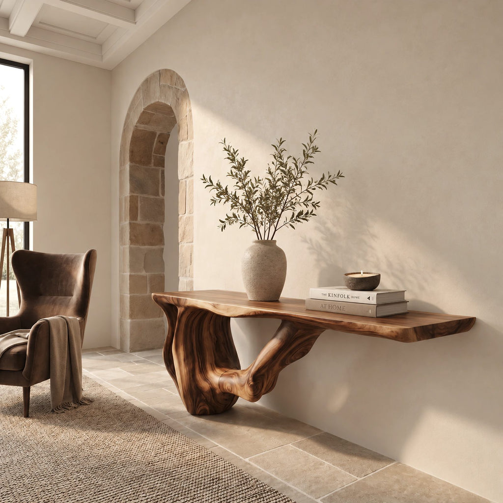 Modern Live Edge Console Table With Sculpted Root Base For Entryway
