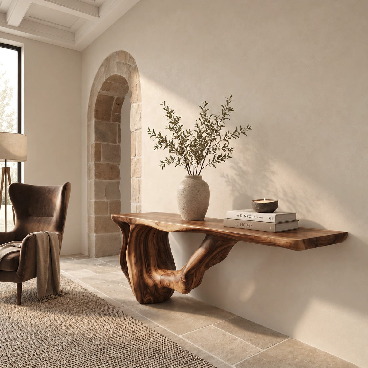 Modern Live Edge Console Table With Sculpted Root Base For Entryway