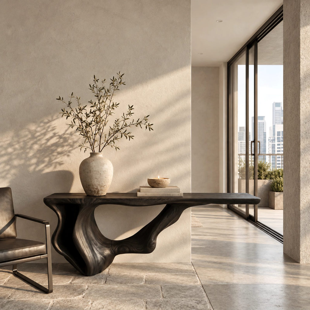 Modern Live Edge Console Table With Sculpted Root Base For Entryway